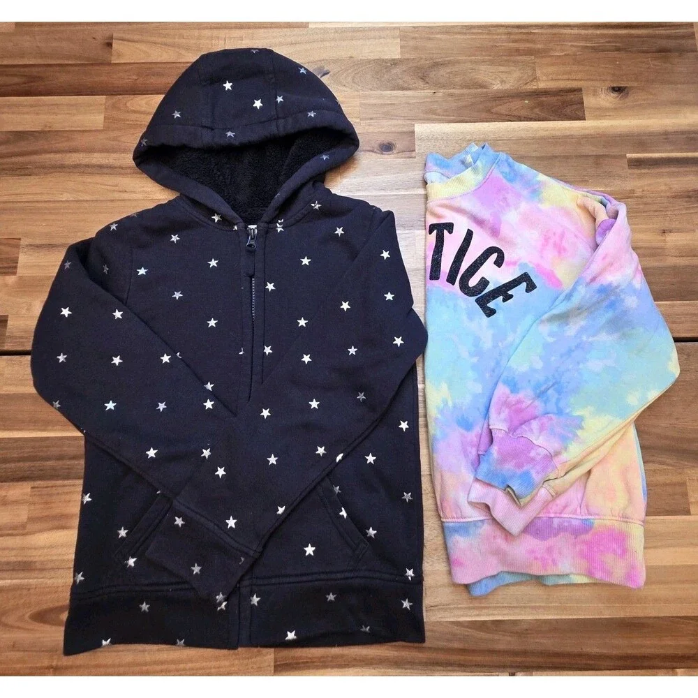 Girls 7/8 Justice Tie Dye Sweatshirt Wonder Nation Star Hoodie 2 Piece Bundle